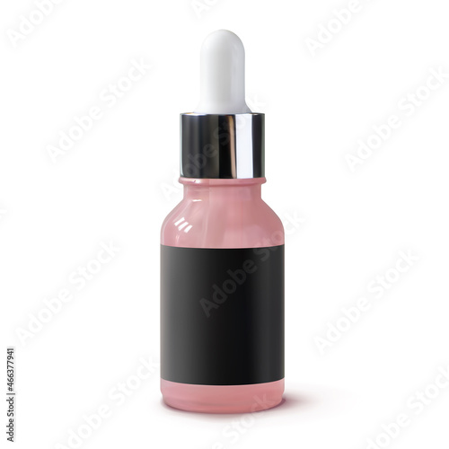 Pink glass serum bottle with pipette with black blank label realistic 3d vector illustration isolated. Template cosmetic tube mockup standing. Skincare pack design mock-up