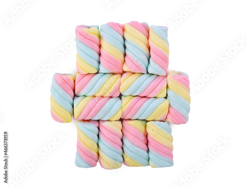 Colorful marshmallows candy isolated on white background. Top view