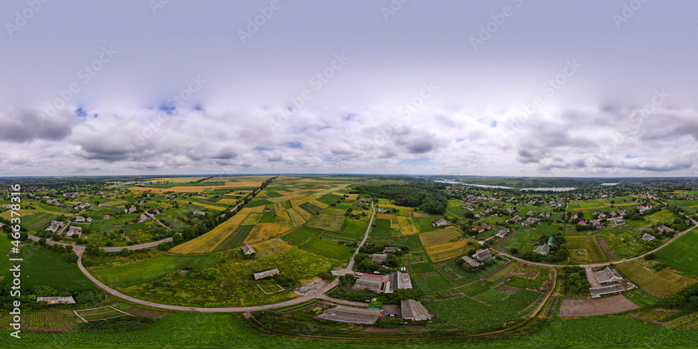 Panorama, Aerial, Village, Sown Fields, Empty Road, Forest, Alleys, Gardens, Sunny, Ukraine, Stavishche