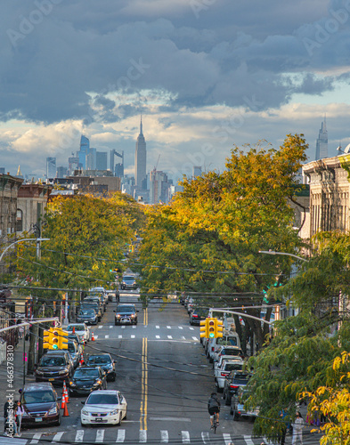 Skyline NYC from Ridgewood Queens , looking down perspective on to street wives photo