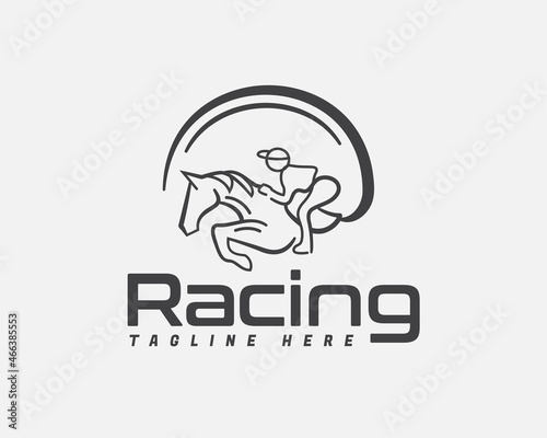circle line art run jumping horse with jockey logo template illustration