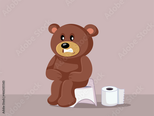 Funny Constipated Teddy Bear Sitting on the Potty Vector Cartoon