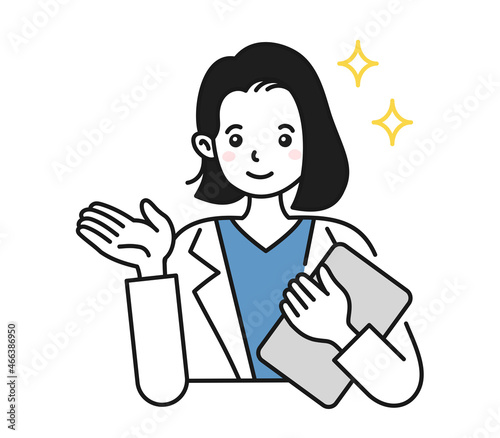 案内や説明をする白衣を着た女性の看護師/医師のイラスト素材