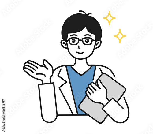 案内や説明をする白衣を着た男性の看護師/医師のイラスト素材
