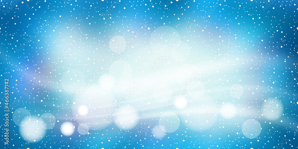 Winter blue background, blizzard. Vector illustration, bokeh effect