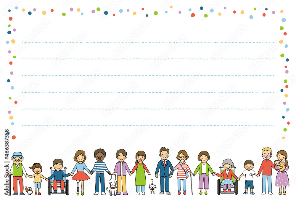 Vettoriale Stock 義足 車椅子 視覚障害 聴覚障害 様々な人種 年齢の人々のイラストを用いたはがきテンプレート Adobe Stock