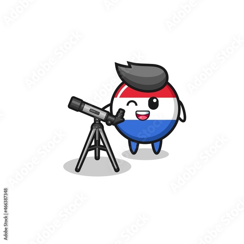 netherlands flag astronomer mascot with a modern telescope
