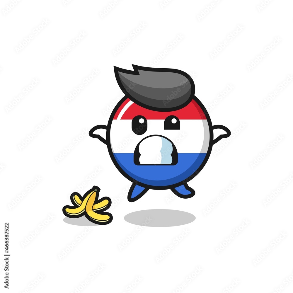 netherlands flag cartoon is slip on a banana peel