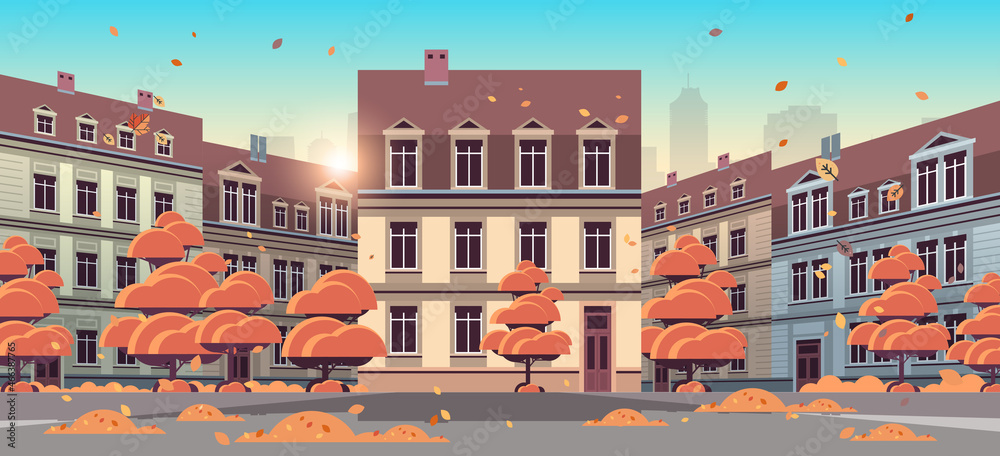 autumn city street with modern houses exterior urban buildings facade cityscape background