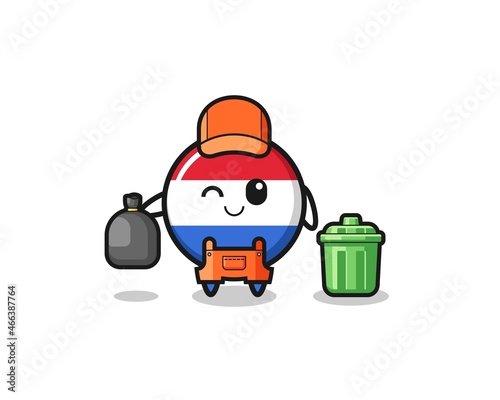 the mascot of cute netherlands flag as garbage collector