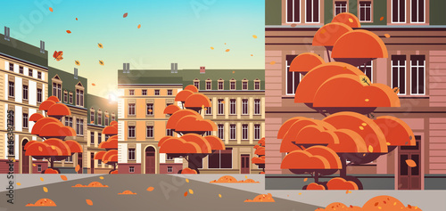 autumn city street with modern houses exterior urban buildings facade cityscape background