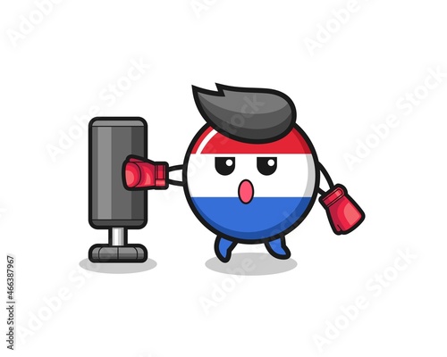 netherlands flag boxer cartoon doing training with punching bag