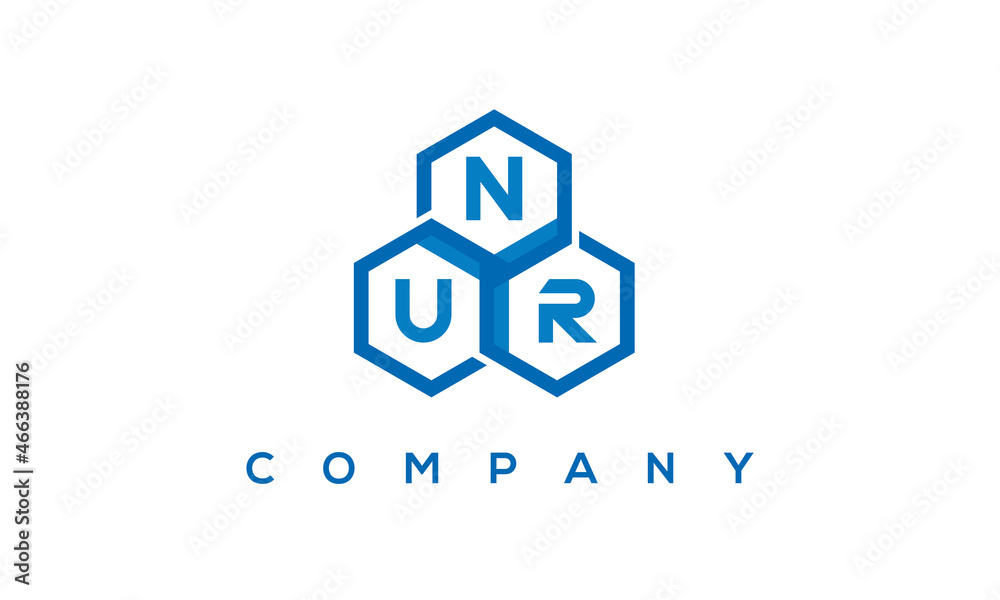 NUR letters design logo with three polygon hexagon logo vector template	