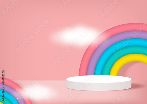 Stage podium decor with rainbows shape, clouds. 3d pedestal summer scene or platform for product stand on soft pink background. Vector illustration.