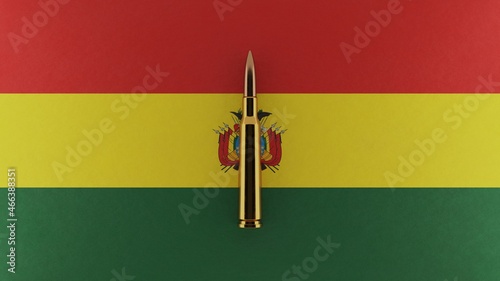 3D rendering of top down view of a single rifle bullet in the center and on top of the national flag of Bolivia