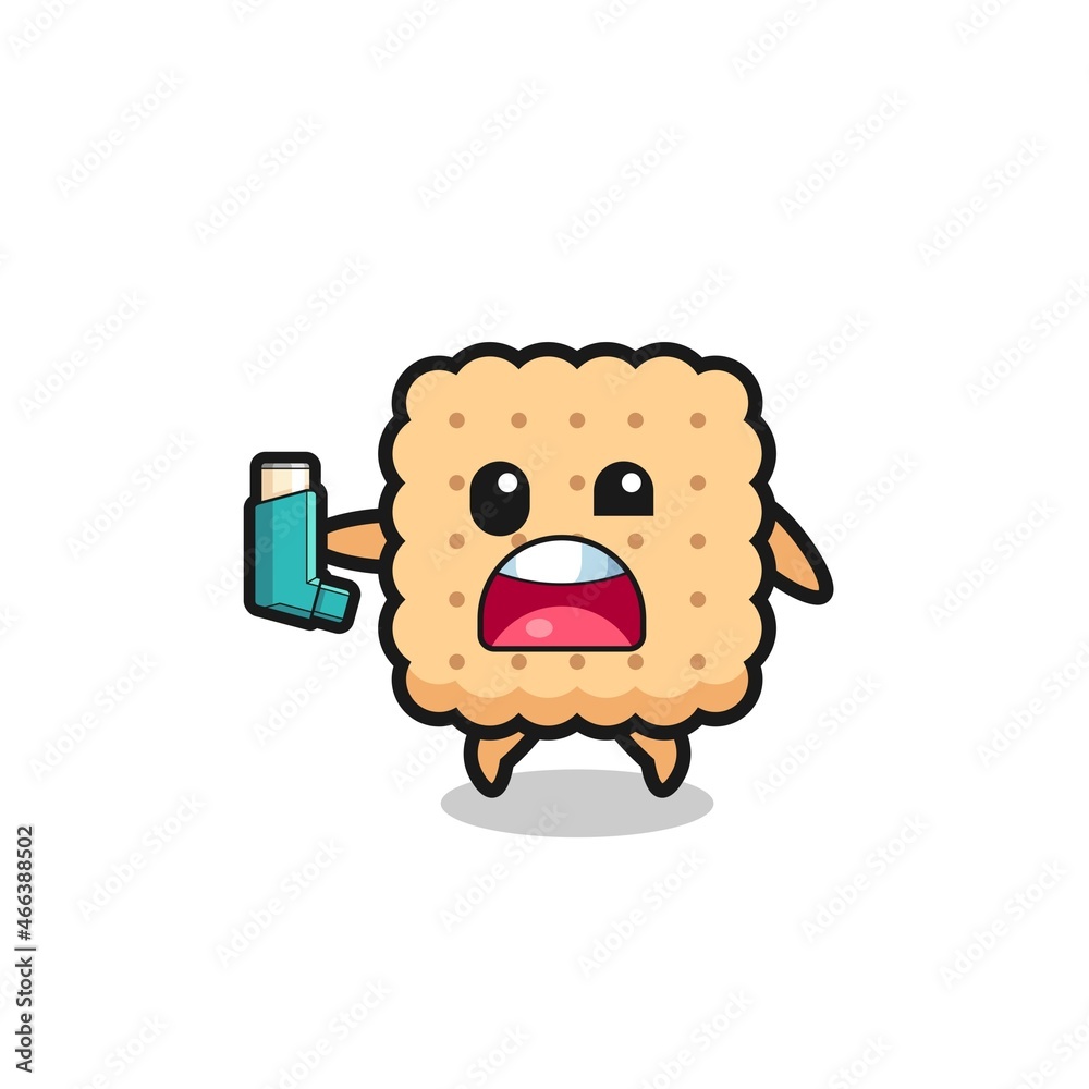 cracker mascot having asthma while holding the inhaler