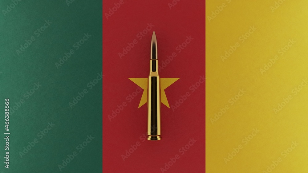 3D rendering of top down view of a single rifle bullet in the center and on top of the national flag of Cameroon