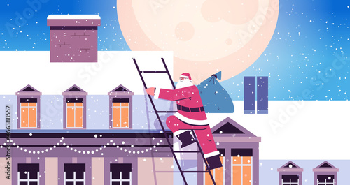 santa claus climbing to the roof of house building merry christmas happy new year winter holidays celebration