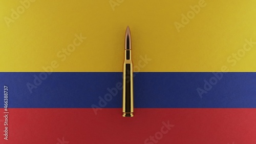 3D rendering of top down view of a single rifle bullet in the center and on top of the national flag of Colombia