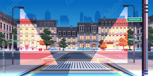 night city street with modern houses exterior urban buildings facade horizontal