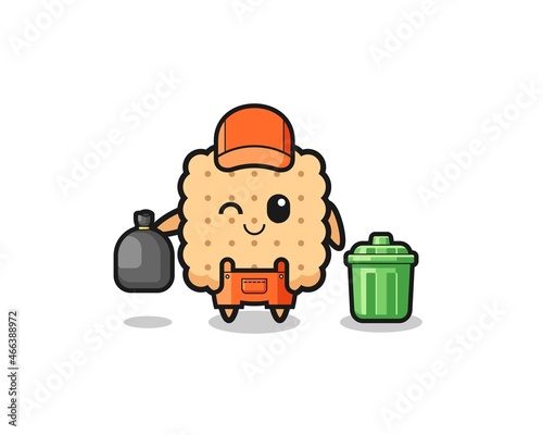 the mascot of cute cracker as garbage collector