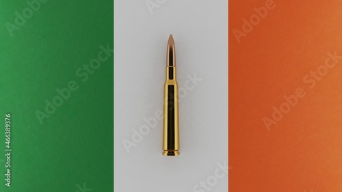 3D rendering of top down view of a single rifle bullet in the center and on top of the national flag of Ireland