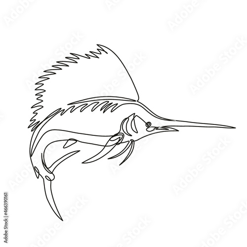 Continuous line drawing illustration of an Atlantic sailfish or Istiophorus albicans jumping viewed from side done in mono line or doodle style in black and white on isolated background. 
