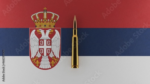 3D rendering of top down view of a single rifle bullet in the center and on top of the national flag of Serbia