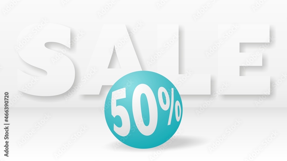 A beautiful turquoise ball with 50 percent discount rolls against big white letters SALE A beautiful turquoise ball with 50 percent discount rolls against big white letters SALE