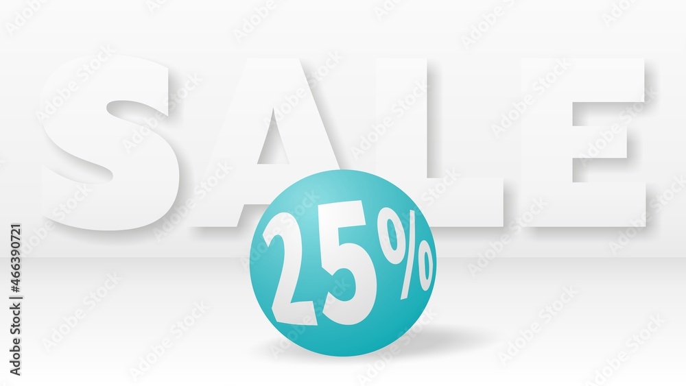 A beautiful turquoise ball with 25 percent discount rolls against big white letters SALE A beautiful turquoise ball with 25 percent discount rolls against big white letters SALE