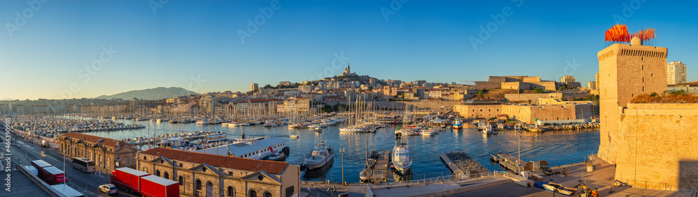 Marseille France, panorama city skyline at Vieux Port with Notre Dame de la Garde basilica