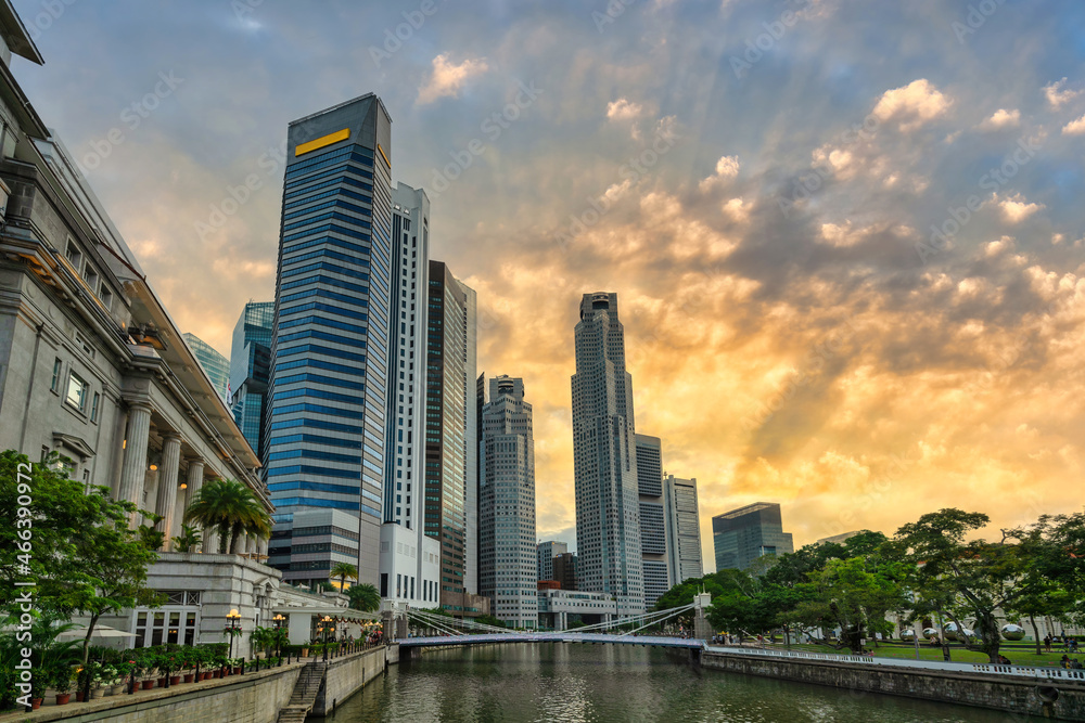 Singapore sunset city skyline at Boat Quay and Clarke Quay waterfront business district Singapore sunset city skyline at Boat Quay and Clarke Quay waterfront business district
