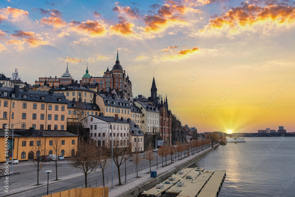 Stockholm Sweden, sunset city skyline at Slussen