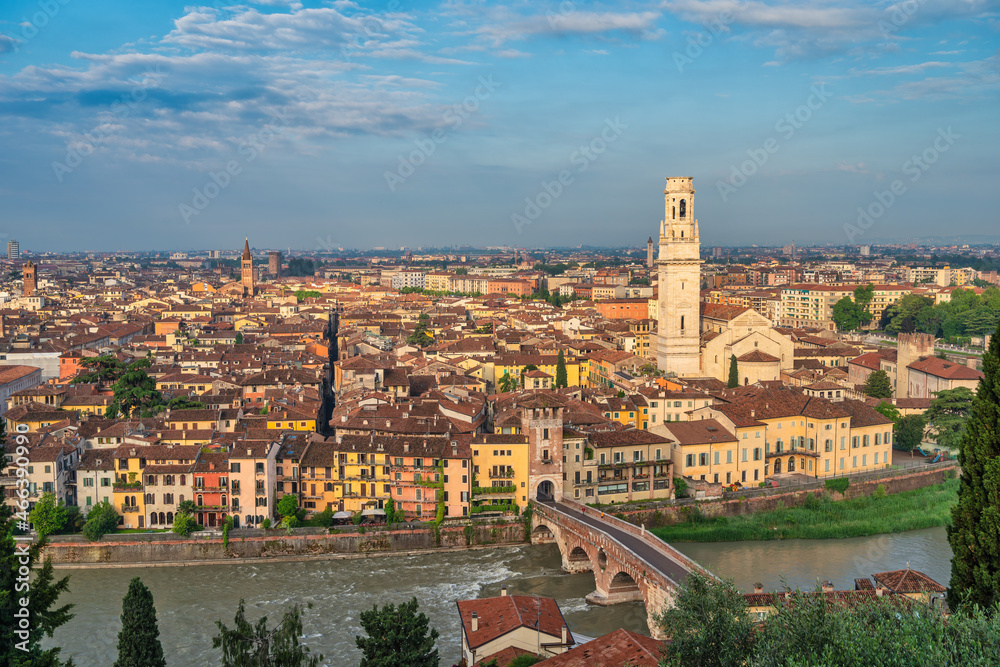 Verona Italy, high angle view city skyline at Adige river and Verona Cathedral