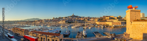 Marseille France, panorama city skyline at Vieux Port with Notre Dame de la Garde basilica