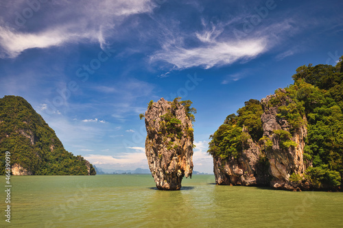 Tropical islands view at James bond island (Khao Tapu) with ocean blue sea water, Phang Nga Thailand nature landscape © Noppasinw