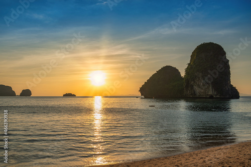 Tropical islands sunset view with ocean sea water at Phra Nang Cave Beach  Krabi Thailand nature landscape