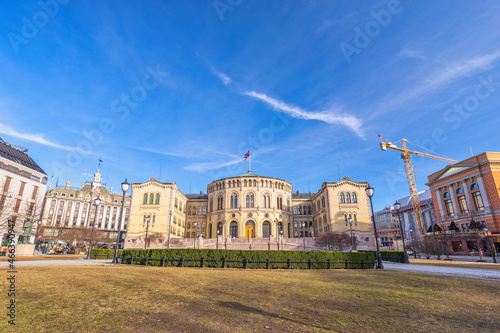 Oslo Norway, city skyline at Studenterlunden Park and Norwegian Parliament