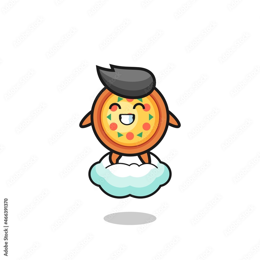 cute pizza illustration riding a floating cloud