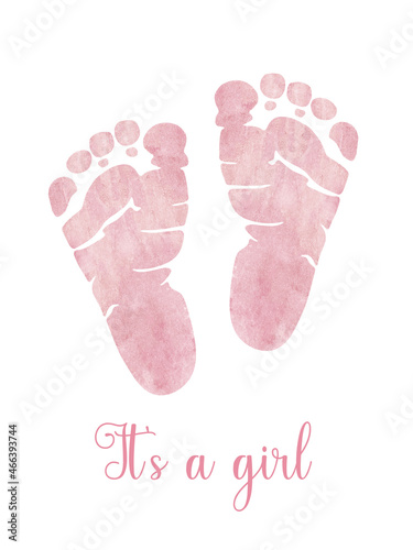 Watercolor hand drawn baby girl pink foot print isolated on white background. Its a girl illustration. Baby shower girl footprint