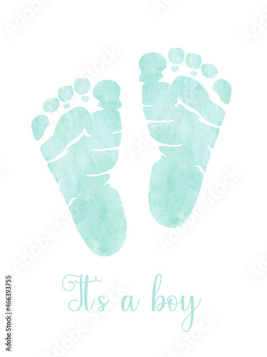 Watercolor hand drawn baby boy blue foot print isolated on white background. Its a boy illustration. Baby shower boy footprint
