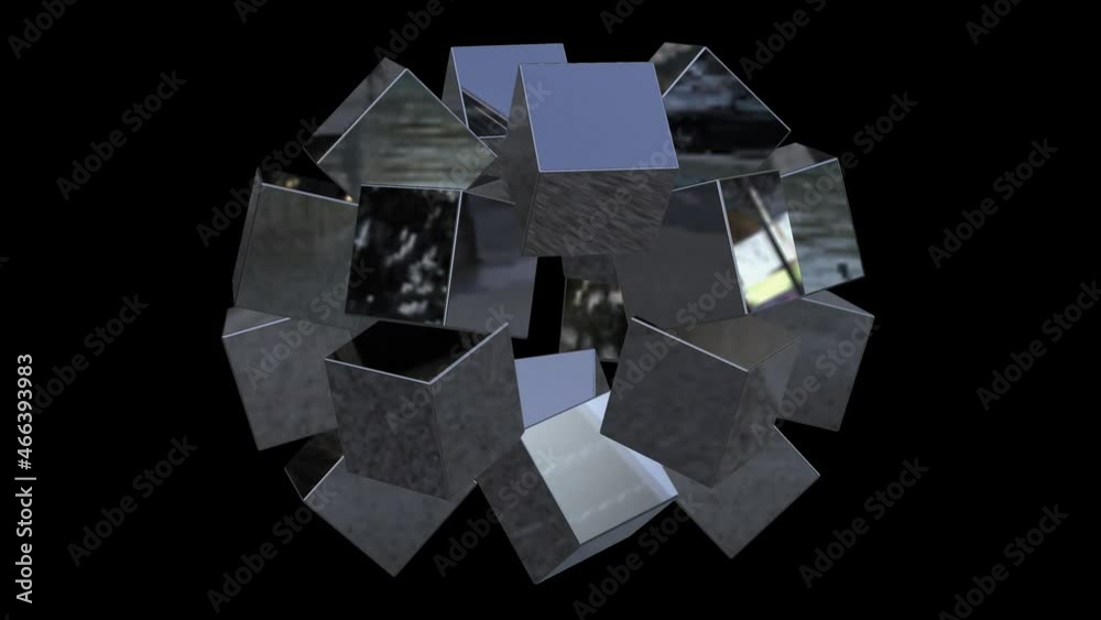 Animated glass cube circle turns into red ball big circle.Glass Cube 4K Loop Alpha Channel.Glass isometric block assembly 3d minimal motion design simple geometric forms 4k. Seamless loop.