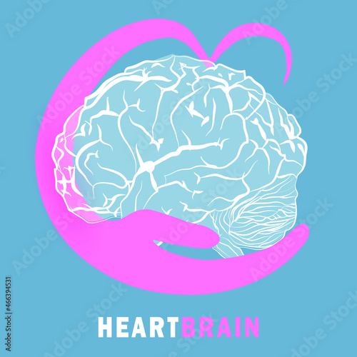 Halves of heart and brain that are hugging. Warm hugs of rational and emotion as symbol of health. Close embrace as physical and mental love logo. Banner, flyer, web poster. Vector illustration