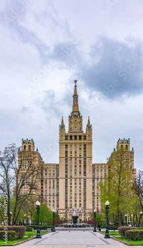 The view on the residential Stalinist high-rise building on Kudrinskaya Square. It is the one of seven Stalinist skyscrapers built in 1947-1954.