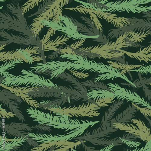 Seamless pattern of hand drawn spruce branches. Camouflage vector illustration. Christmas background.