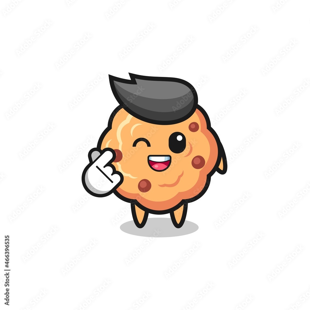 chocolate chip cookie character doing Korean finger heart