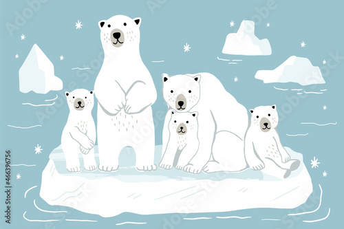 Set of adult polar bears and their young cubs in various poses. Northern animals. Vector
