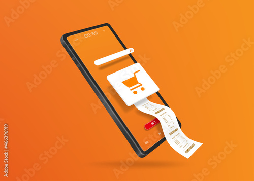 The receipt paper flows from the shopping cart icon after placing an order and floats on the smartphone screen for online shopping concept design,vector 3d on orange background for advertising
