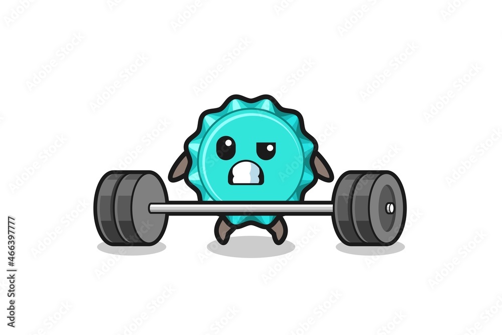 cartoon of bottle cap lifting a barbell