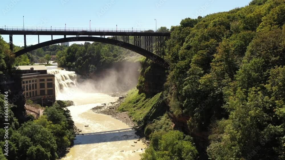 Lower Falls waterfall and park on Genesee river in Rochester New York